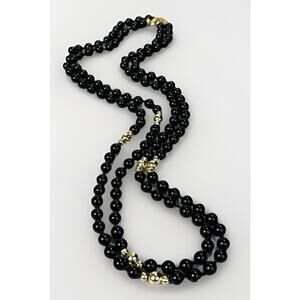 Vintage 14k Yellow Gold Bead and Black Onyx Necklace 47" Long Strand 6mm - 43.2g